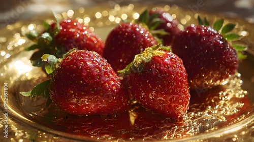 Artistic Arrangement of Fresh Strawberries on a Gold Plate