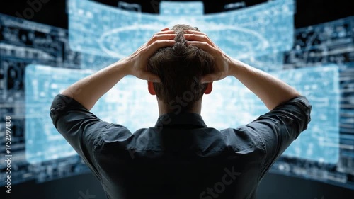 Digital Overload: A person looks at complex digital screens and touches his head and expressing the strain and perplexity that the modern digital world can bring. 