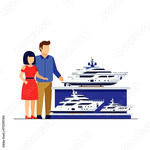 Couple looking at yacht models on display.