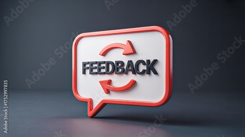 3D feedback concept with speech bubble and circular arrows, communication and customer response design, business review and opinion sharing symbol on dark background

