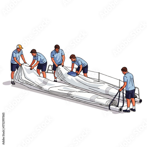 Illustration of people folding a large white sheet on a metal frame.