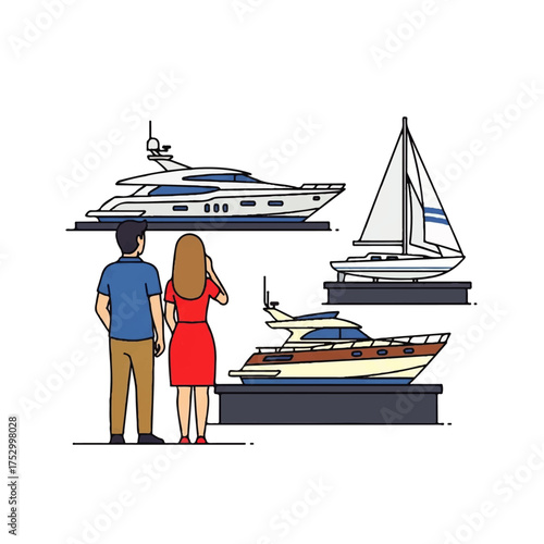 People looking at boats on display, including a yacht and a sailboat.