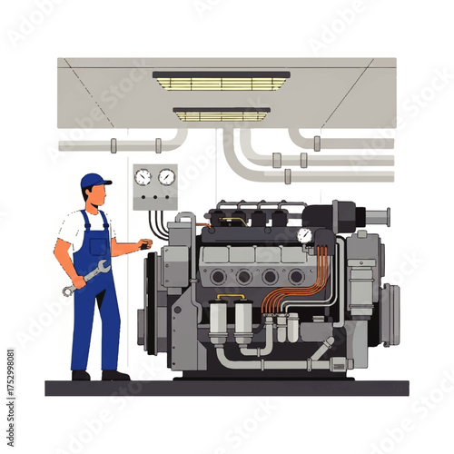 Mechanic working on a large industrial engine in a factory setting.