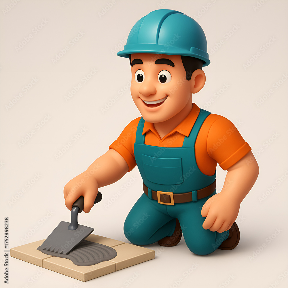 custom made wallpaper toronto digitalCartoon Construction Worker Laying Tiles With Trowel In Safety Gear, Kneeling On Floor