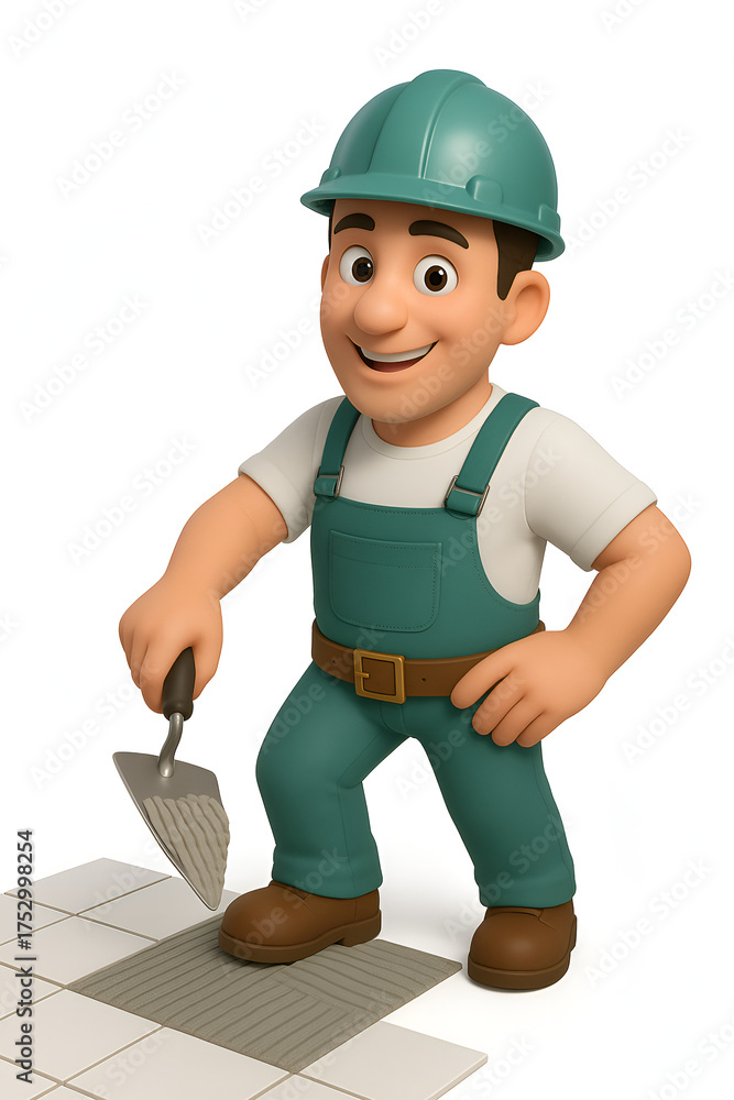 custom made wallpaper toronto digitalHappy Construction Worker Laying Tiles With Trowel In Green Overalls And Hard Hat