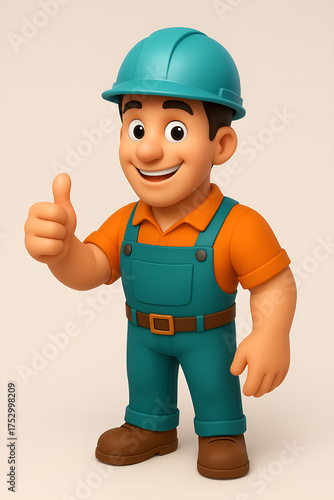 Wallpaper Mural Cartoon Construction Worker Character in Teal Overalls Giving a Thumbs Up, Friendly 3D Illustration Torontodigital.ca