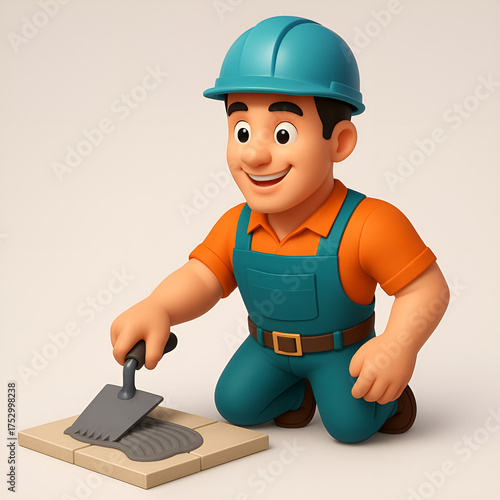 Wallpaper Mural Cartoon Construction Worker Laying Tiles With Trowel In Safety Gear, Kneeling On Floor Torontodigital.ca