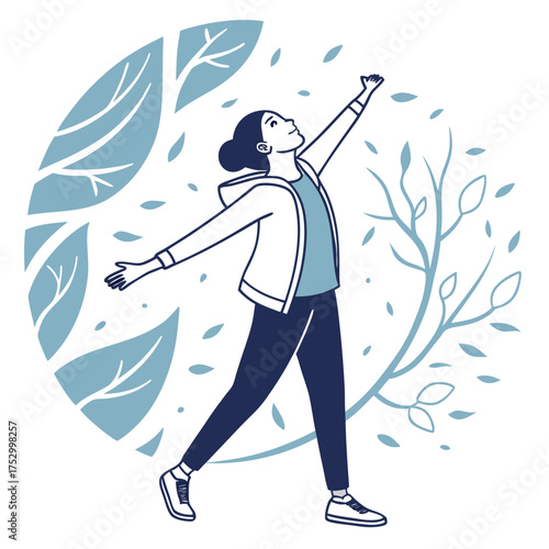 Embracing Serenity: A serene figure stands gracefully, arms outstretched, a symbol of liberation amidst a backdrop of nature's tranquility. A testament to the purity of the human spirit.