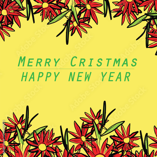 chistmas Congratulations postcard template with frame border with red flowers illustration .eps