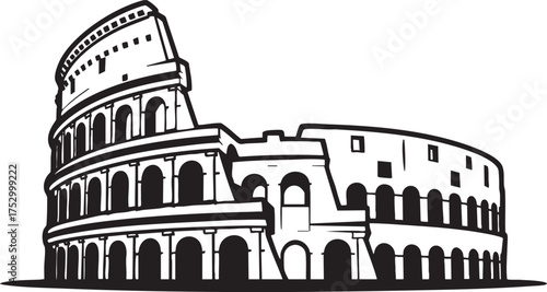 Black and white engraving style vector illustration of the Colosseum in Rome, Italy for travel, history, and tourism designs.