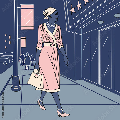 Elegant Evening Stroll: A stylish individual graces a city street at twilight, her silhouette a picture of poise and grace as she strolls by a distinguished establishment.
