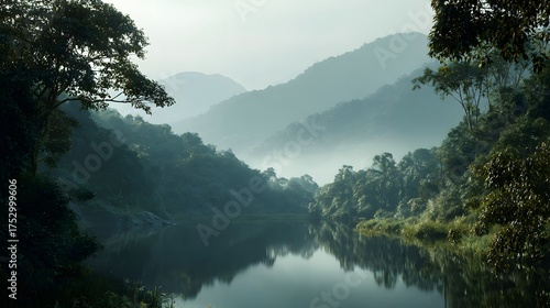 Tranquil Mountain Lake Surrounded by Lush Jungle Landscape at Dawn