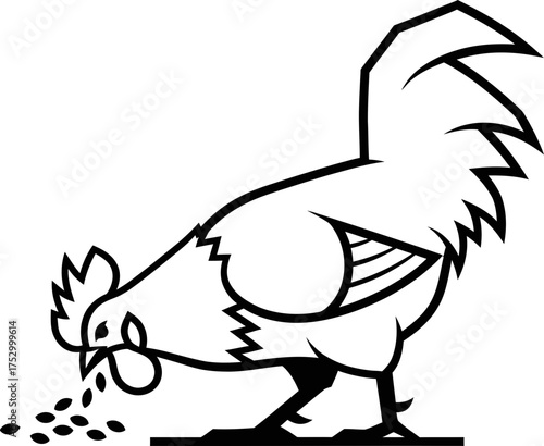 Chicken or rooster pecking grain or seed a side view. Line art or cartoon hen eating. Domestic fowl concept. Vector illustration for print, farm object