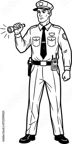 Male security guard or police officer holding a bright flashlight. Enforcement, safety, and surveillance concept. Vector illustration.