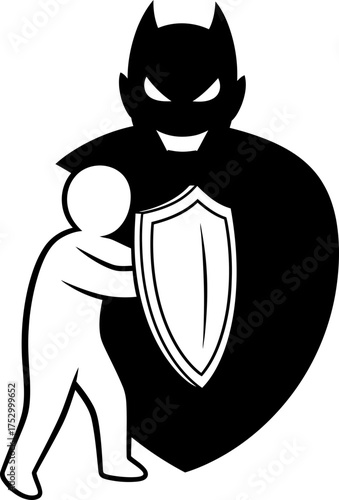 Man holding a shield protecting himself from an abstract monster shadow. Protection, security, fear concept. Vector illustration for banner, poster, web icon