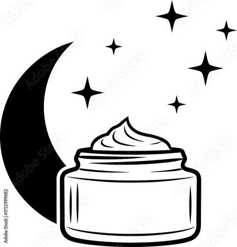 Night cream jar with moon and stars. Skincare product concept. Vector icon for beauty product, cosmetologist, dermatology