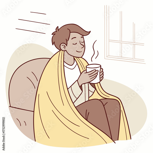 Cozy Moment with Mug: A serene individual, wrapped snugly in a warm blanket, embraces the simple pleasure of sipping from a steaming mug, embodying tranquility and contentment.