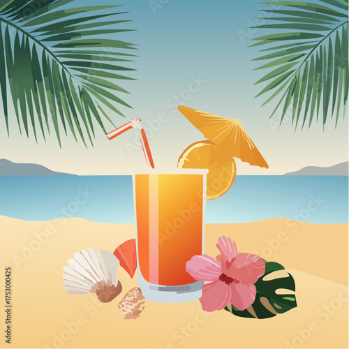 Beach accessories, palm leaves, seashells, flower and an exotic cocktail on sand