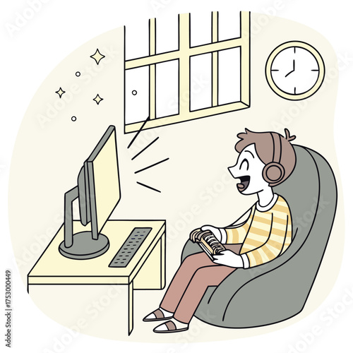 Gamer Immersed: A joyful figure is engrossed in a gaming session. With headphones on, he's fully absorbed in the virtual world, controller in hand, amidst a serene indoor setting.