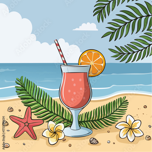 Beach accessories, palm leaves, seashells, flower and an exotic cocktail on sand