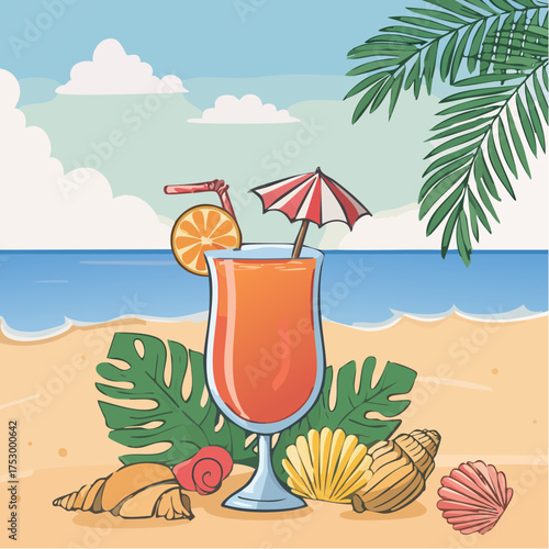 Beach accessories, palm leaves, seashells, flower and an exotic cocktail on sand