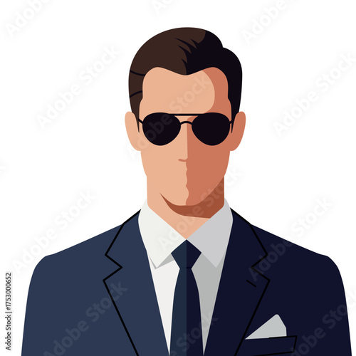 Businessman, bodyguard in dark suit and sunglasses an icon for security and confident professional identity. Corporate avatar for website.