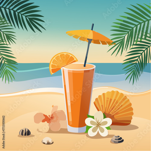 Beach accessories, palm leaves, seashells, flower and an exotic cocktail on sand