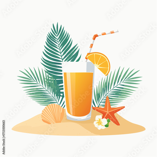 Beach accessories, palm leaves, seashells, flower and an exotic cocktail on sand