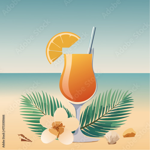 Beach accessories, palm leaves, seashells, flower and an exotic cocktail on sand