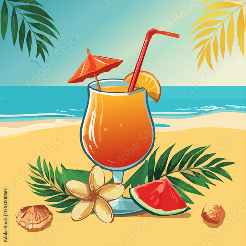Beach accessories, palm leaves, seashells, flower and an exotic cocktail on sand