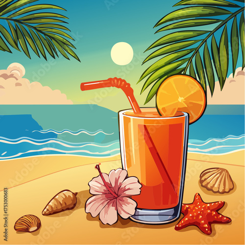 Beach accessories, palm leaves, seashells, flower and an exotic cocktail on sand