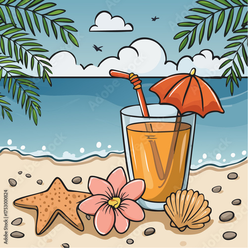 Beach accessories, palm leaves, seashells, flower and an exotic cocktail on sand