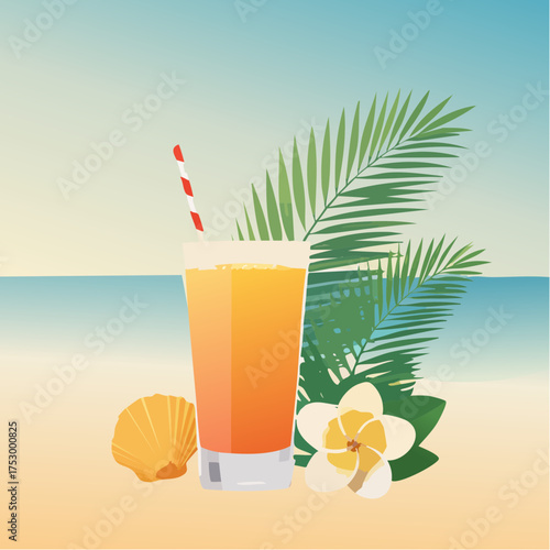 Beach accessories, palm leaves, seashells, flower and an exotic cocktail on sand