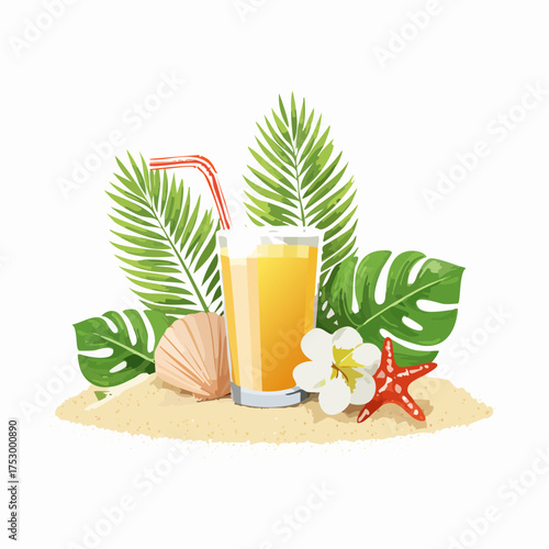 Beach accessories, palm leaves, seashells, flower and an exotic cocktail on sand