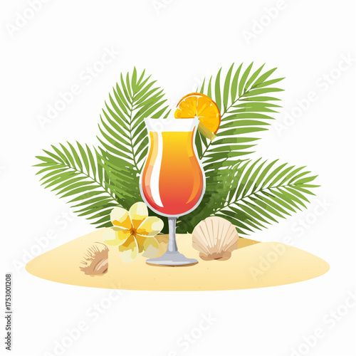 Beach accessories, palm leaves, seashells, flower and an exotic cocktail on sand
