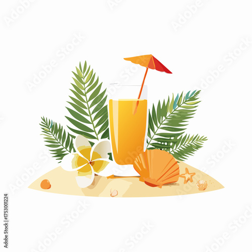 Beach accessories, palm leaves, seashells, flower and an exotic cocktail on sand