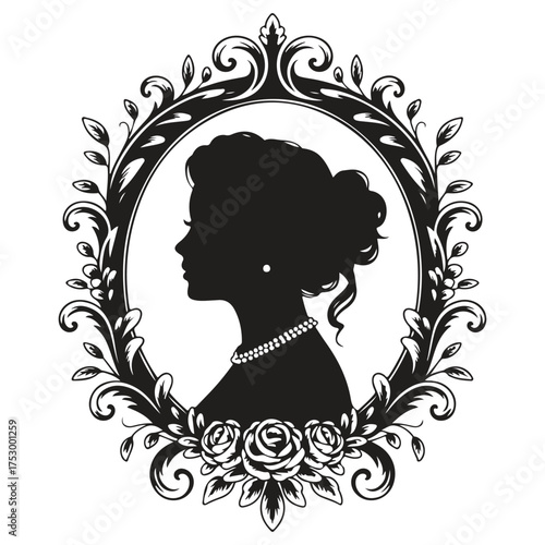 Elegant victorian woman silhouette in ornate frame