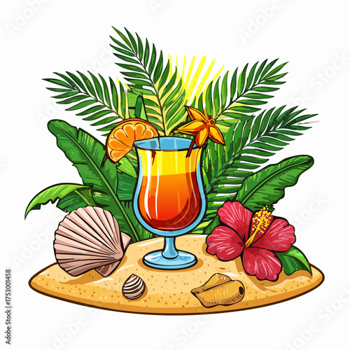 Beach accessories, palm leaves, seashells, flower and an exotic cocktail on sand
