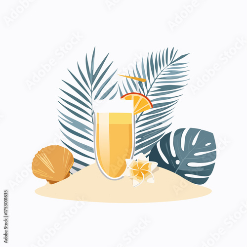 Beach accessories, palm leaves, seashells, flower and an exotic cocktail on sand