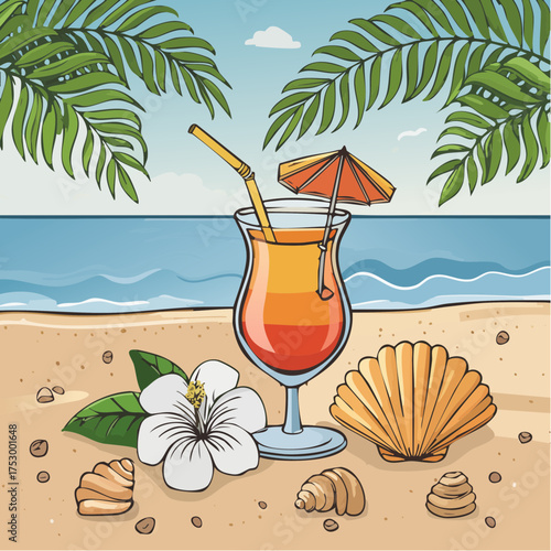 Beach accessories, palm leaves, seashells, flower and an exotic cocktail on sand