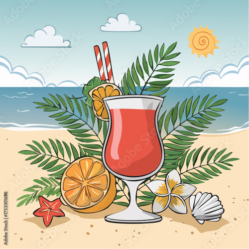Beach accessories, palm leaves, seashells, flower and an exotic cocktail on sand