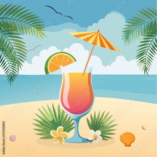Beach accessories, palm leaves, seashells, flower and an exotic cocktail on sand