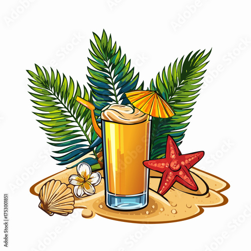 Beach accessories, palm leaves, seashells, flower and an exotic cocktail on sand