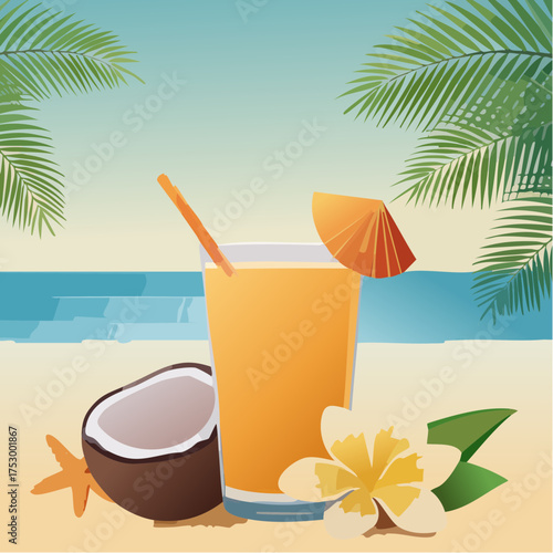 Beach accessories, palm leaves, seashells, flower and an exotic cocktail on sand