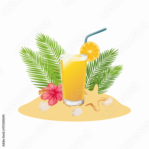Beach accessories, palm leaves, seashells, flower and an exotic cocktail on sand