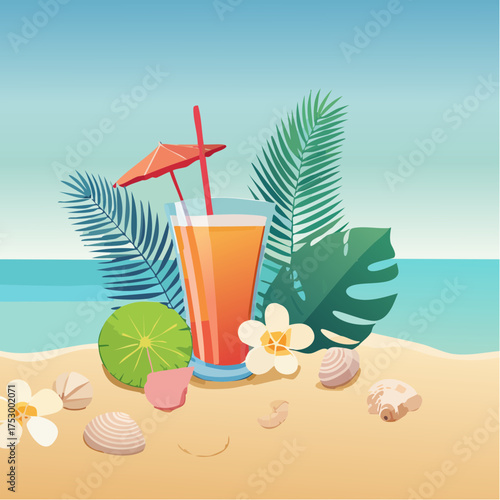 Beach accessories, palm leaves, seashells, flower and an exotic cocktail on sand