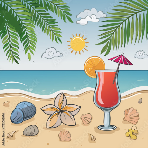 Beach accessories, palm leaves, seashells, flower and an exotic cocktail on sand