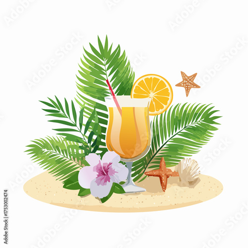Beach accessories, palm leaves, seashells, flower and an exotic cocktail on sand