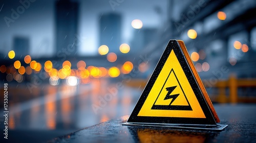 High Voltage Warning Sign in Rainy Cityscape with Bokeh Lights