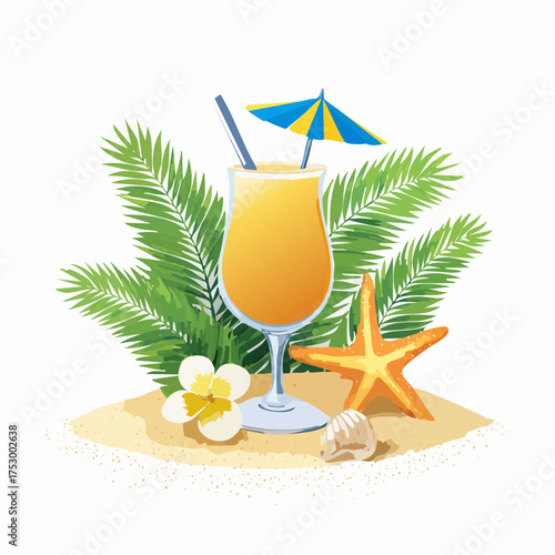 Beach accessories, palm leaves, seashells, flower and an exotic cocktail on sand